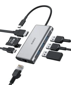 AUKEY-Shop 3 Null AUKEY CB-C91 8 In 1 USB C Hub Mit 4K HDMI, Gigabit Ethernet Port Silber, 1 USB Power Delivery-Ladeanschluss Und SD & Micro SD Kartensteckplätze.