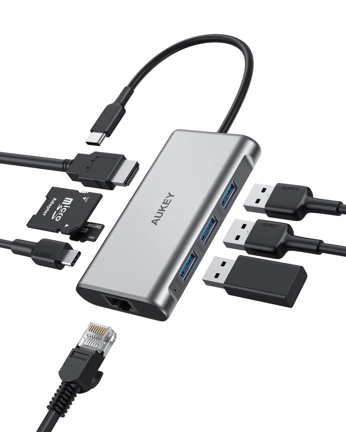 Null AUKEY CB-C91 8 In 1 USB C Hub Mit 4K HDMI, Gigabit Ethernet Port Silber, 1 USB Power Delivery-Ladeanschluss Und SD & Micro SD Kartensteckplätze. 2 Null AUKEY CB-C91 8 In 1 USB C Hub Mit 4K HDMI, Gigabit Ethernet Port Silber, 1 USB Power Delivery-Ladeanschluss Und SD & Micro SD Kartensteckplätze.